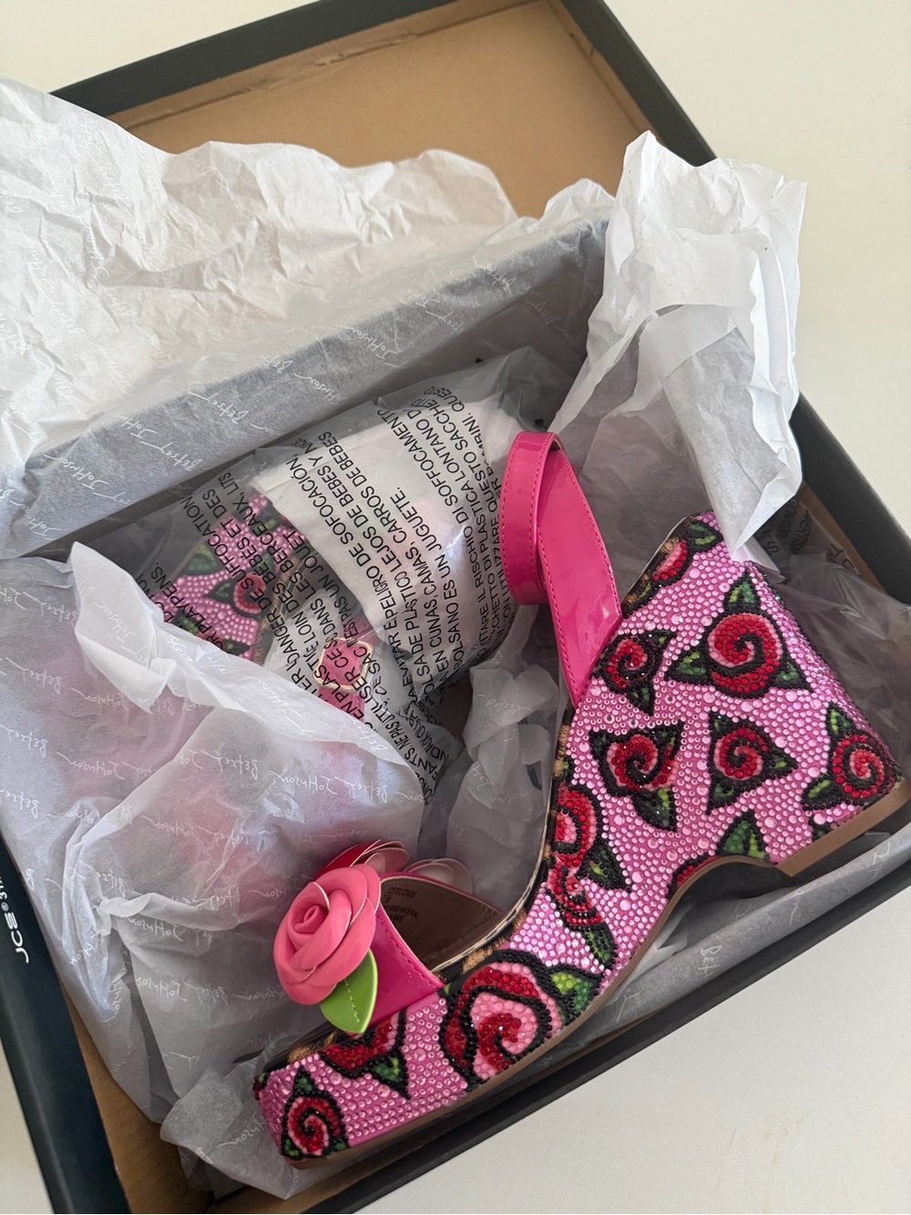 Betsey Johnson Lizzete Pink Floral Beaded Wedge Sandal with Rose Appliqués - Picture 3 of 4